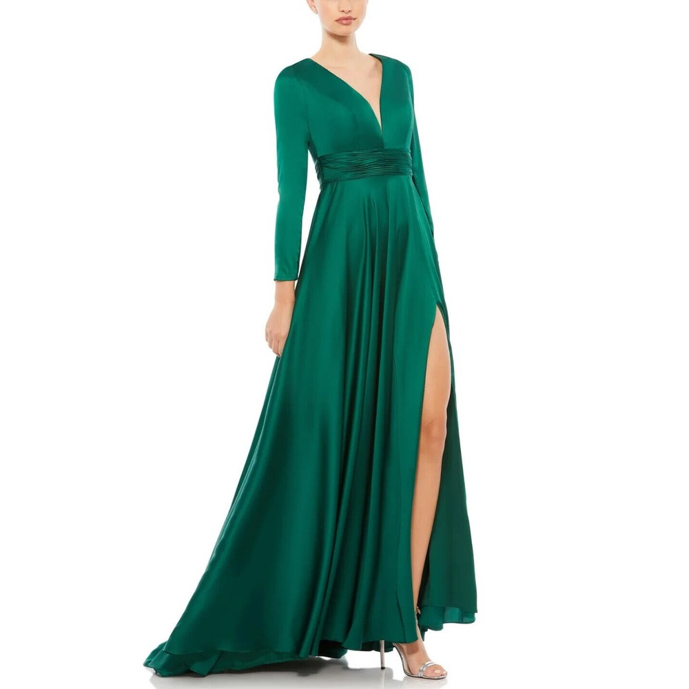 Mac Duggal Ieena 55245 Long Sleeve Ruched Waist A-Line Gown Emerald Size 12